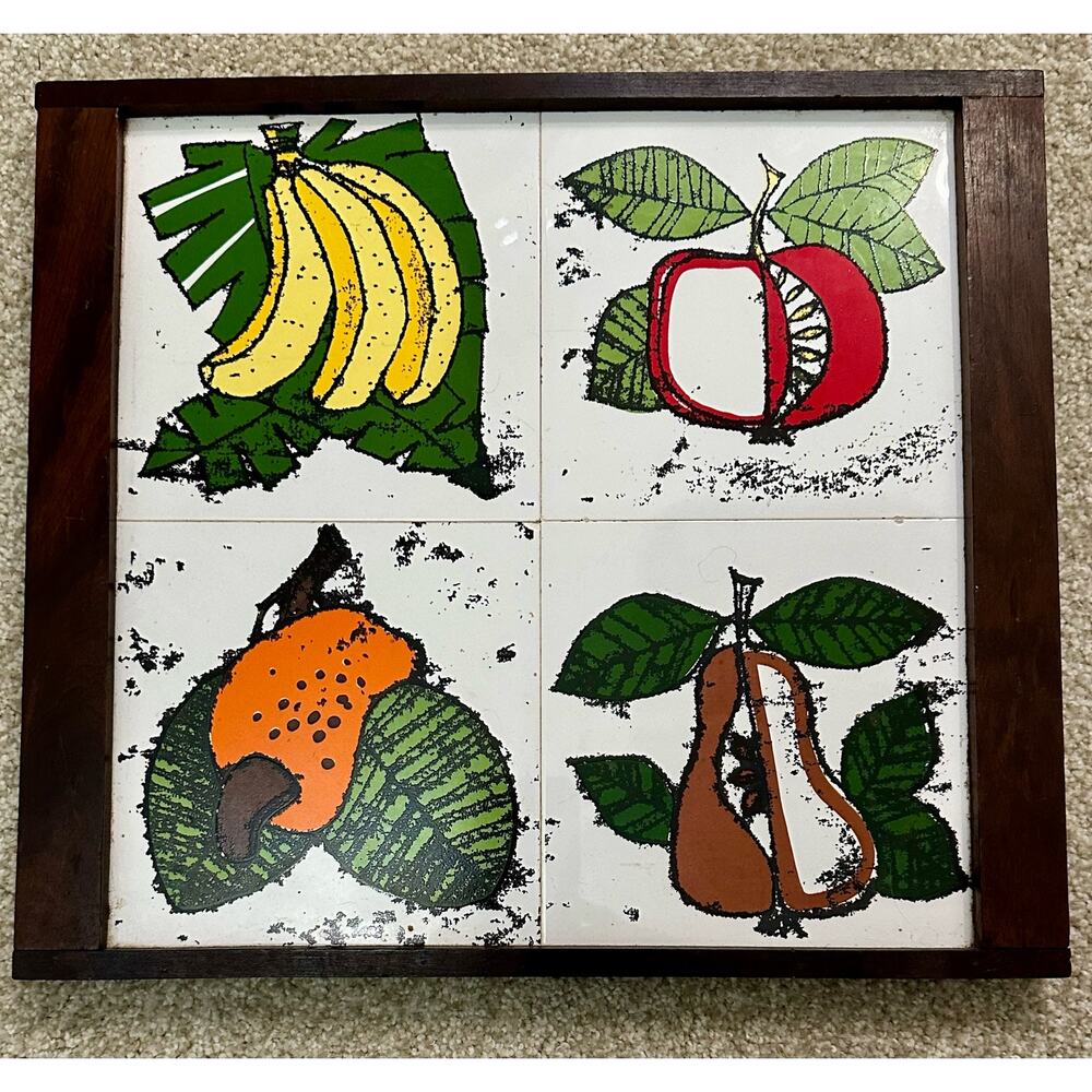 Vintage Midcentury Porcelain Fruit Trivet Tray Board Kitchen Heavy Duty Footed